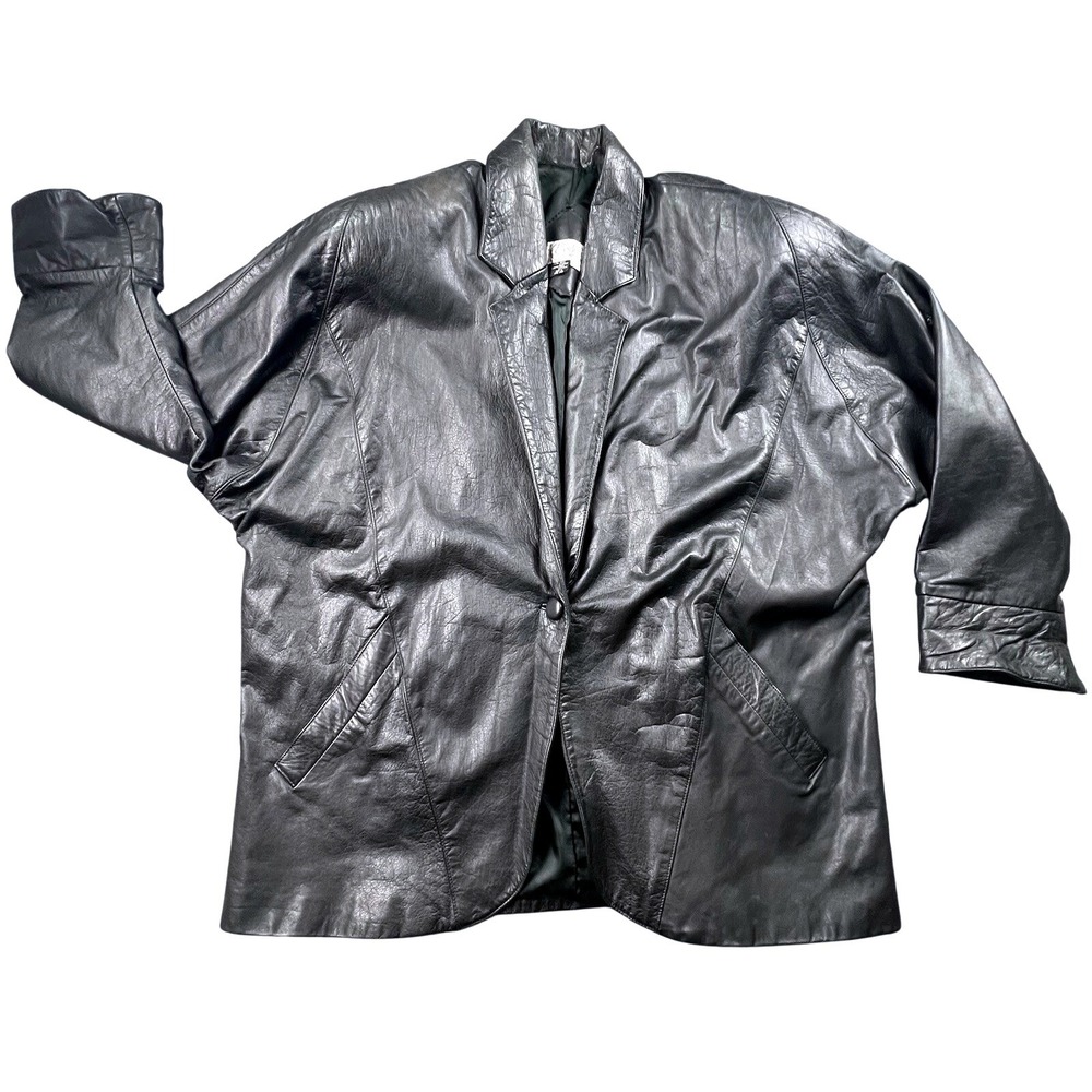 Cedar's Woman Leather Blazer Jacket Womens 2X Black One‎ Button Shoulder Pads